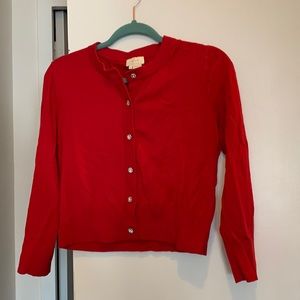 Kate Spade cherry red cropped cardigan with sparkly buttons